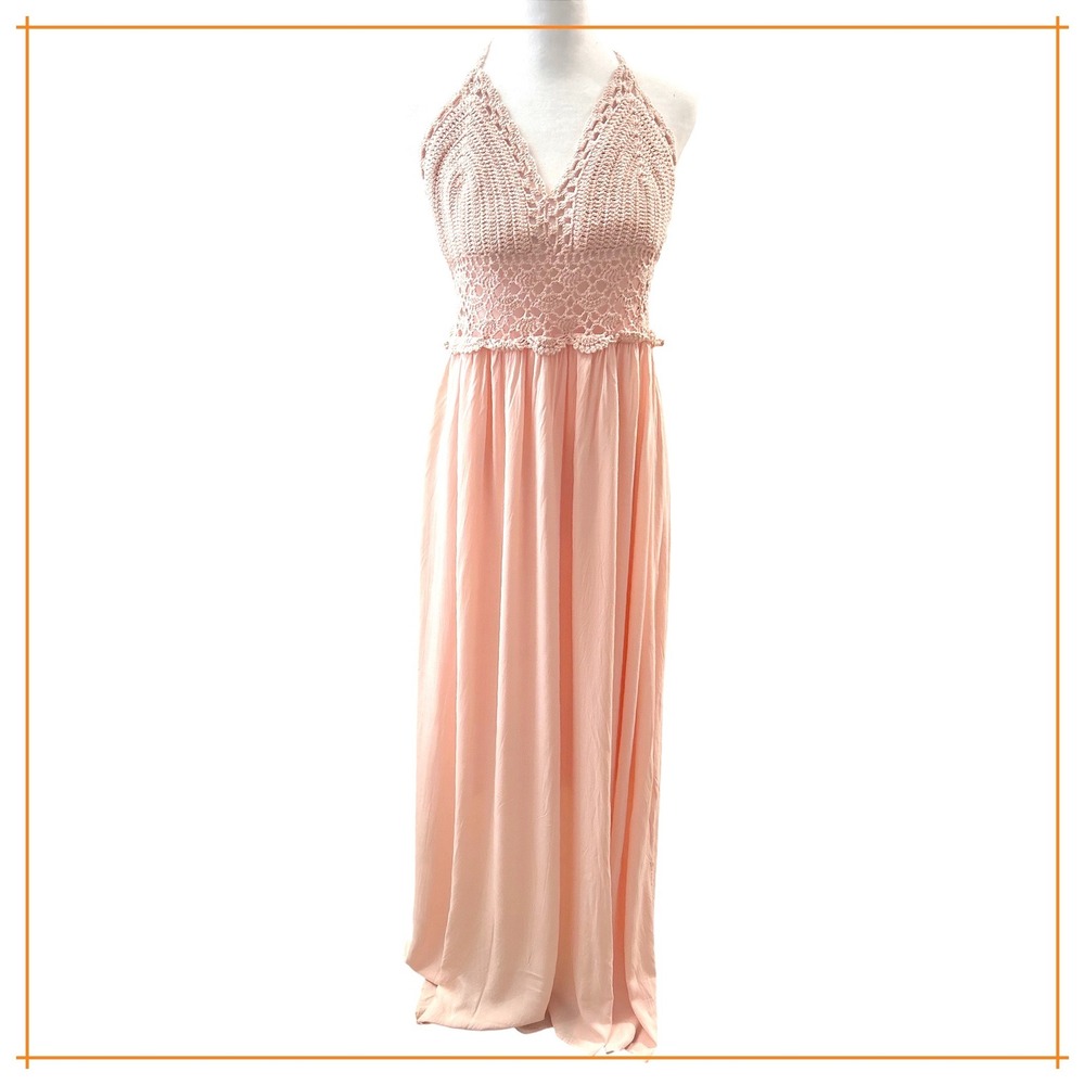 Lilbetter Peach Crochet Lace Halter Open Back Maxi Dress XL Boho Summer Festival
